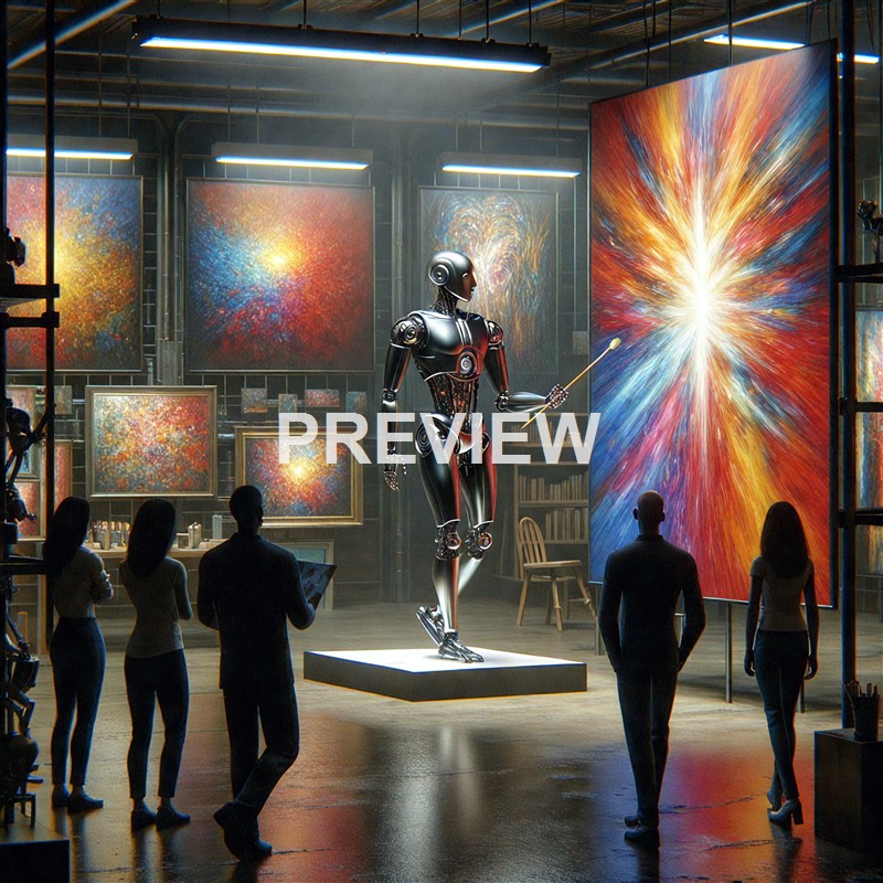 The image depicts a modern art gallery with a humanoid robot standing on a pedestal, holding a pointer and presenting vibrant abstract paintings that resemble cosmic explosions or colorful bursts of light, with several people observing the artwork.